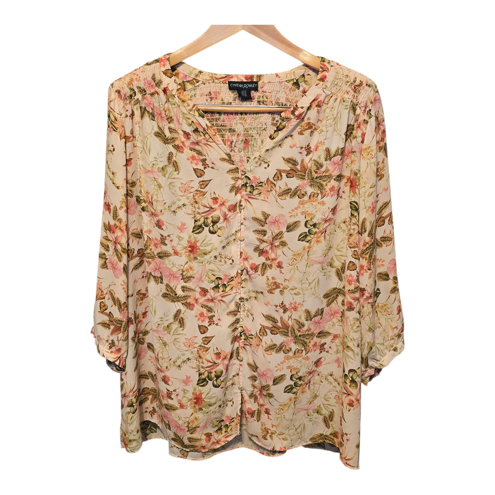 Cynthia Rowley Top Womens Plus Size 2X Floral Print V-Neck Smocked Cottagecore